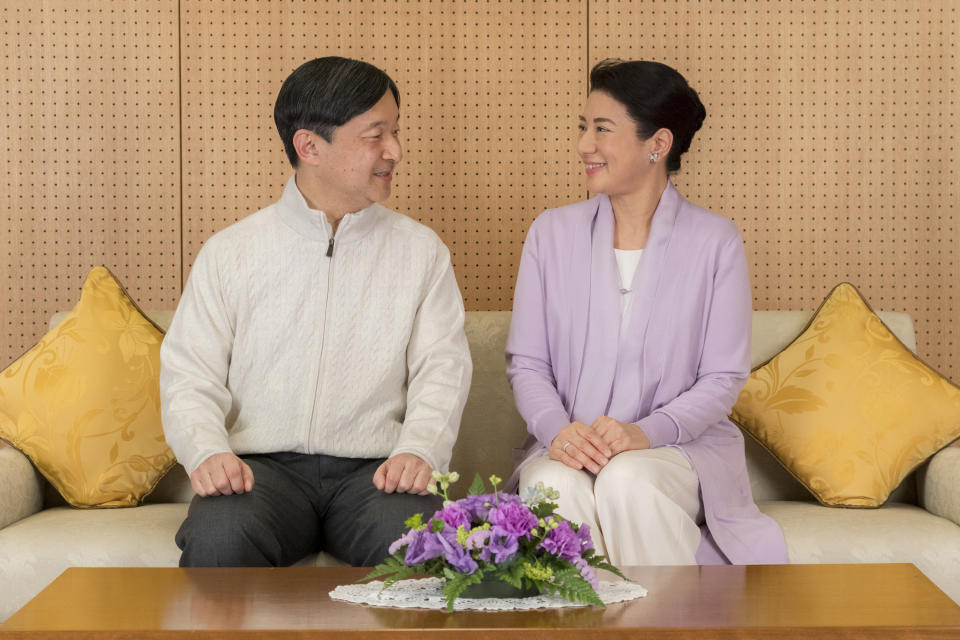 In this Feb. 17, 2019 photo provided by the Imperial Household Agency of Japan, Japan's Crown Prince Naruhito and Crown Princess Masako speak at their residence Togu Palace in Tokyo. Naruhito celebrates his 59th birthday on Saturday, Feb. 23, 2019. (Imperial Household Agency of Japan via AP)