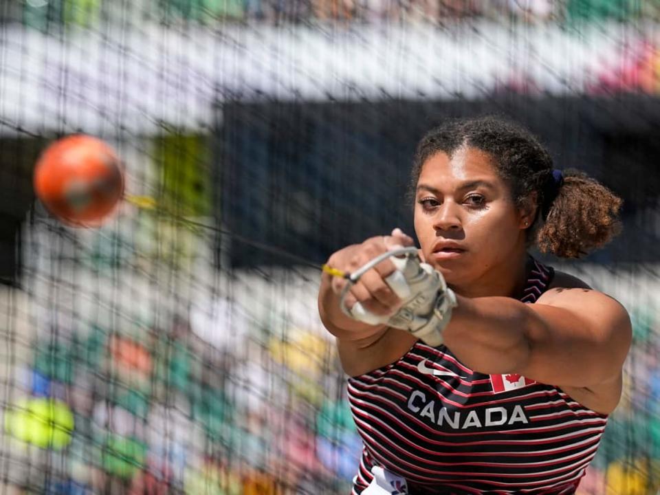 Canada's Camryn Rogers competes during the women's hammer throw final at the World Athletics Championships in Eugene, Ore., in 2022. (David J. Phillip/The Associated Press - image credit)