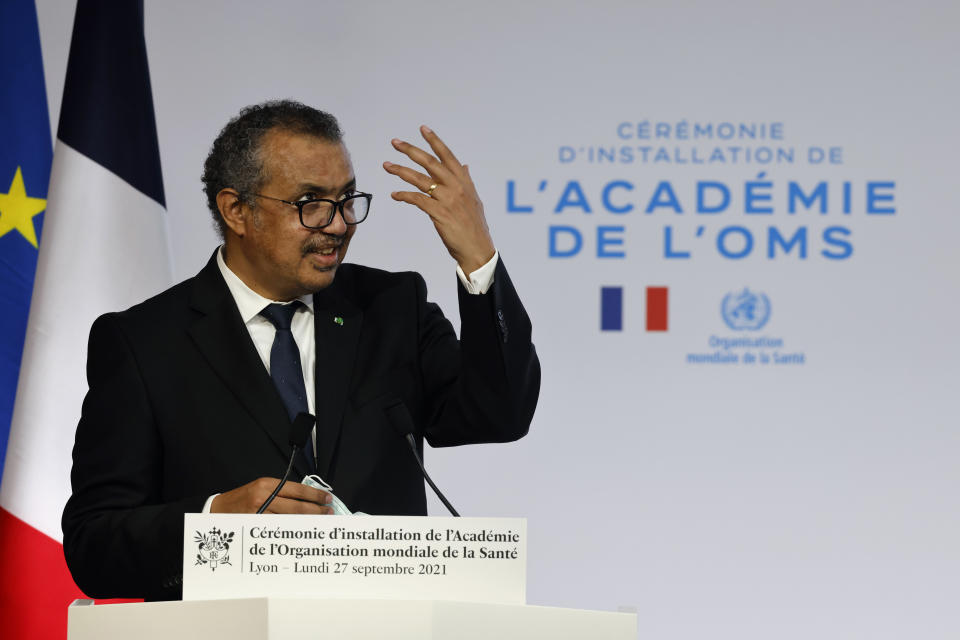 WHO Director-General Tedros Adhanom Ghebreyesus speaks during the opening of the World Health Organisation Academy in Lyon, central France, Monday, Sept. 27, 2021. (Denis Balibouse/Pool Photo via AP)