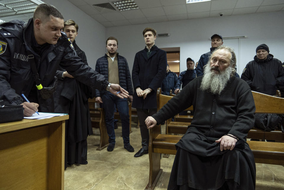 Metropolitan Pavel, the abbot of the Kyiv-Pechersk Lavra monastery waits for the court desigion in Kyiv, Ukraine, Saturday, April 1, 2023. Court sentences for home arrest a Ukrainian Orthodox Church Leader Metropolitan Pavel for 60 days. (AP Photo/Mstyslav Chenov)