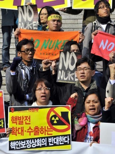 Protesters pictured during an anti-nuclear rally denouncing upcoming Seoul Nuclear Security Summit on March 19. The campaigners for the "nuclear-free world" accused the summit for trying to expand nuclear power plants