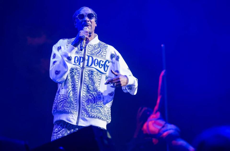 Rap icon Snoop Dogg performs “The Next Episode” to open his set at his High School Reunion Tour stop in Sacramento on Friday, Aug. 25, 2023, at Golden 1 Center. Also performing were Wiz Khalifa, Too $hort, Warren G, Berner and DJ Drama.