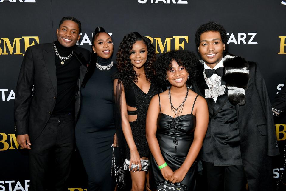 From left to right: Da'Vinchi, Kash Doll, Ajiona Alexus, Laila Pruitt and Demetrius 'Lil Meech' Flenory Jr. attend the BMF' world premiere screening and concert  at Cellairis Amphitheatre at Lakewood on Sept. 23, 2021 in Atlanta, Georgia.