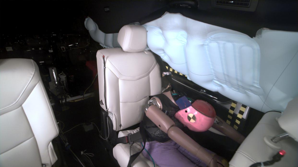 New crash test results for the 2023 Cadillac XT6 ranked "poor," showing a rear passenger dummy has a moderate risk of injury to the head or neck and a likely risk of injury to the chest, according to a study by the Insurance Institute for Highway Safety.