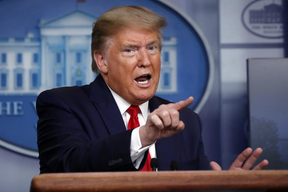 President Donald Trump speaks about the coronavirus in the James Brady Press Briefing Room at the White House, Monday, April 13, 2020, in Washington. (AP Photo/Alex Brandon)