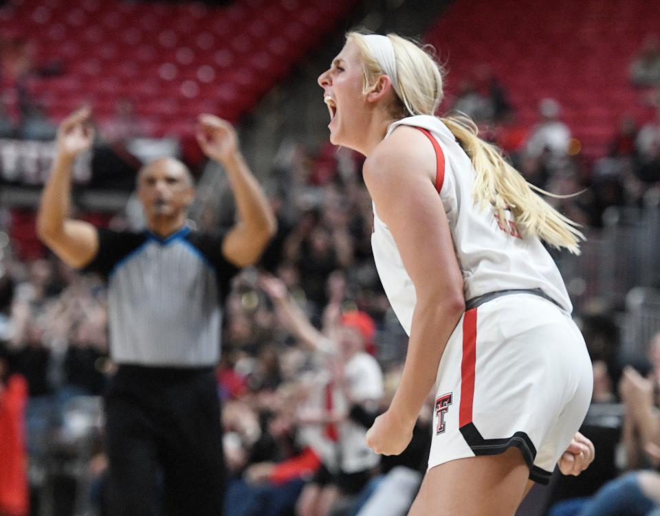 Texas Tech's forward Bryn Gerlich (10) reacts after scoring a 3-pointer against Texas in a Big 12 women's basketball game, Wednesday, Jan. 18, 2023, at United Supermarkets Arena.