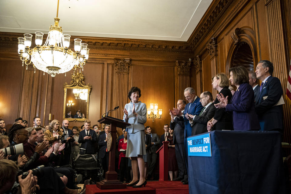 Senator Susan Collins, R-Maine, during a bill enrollment ceremony for H.R. 8408, the Respect for Marriage Act, at the U.S. Capitol on Dec. 8, 2022. (Al Drago / Bloomberg via Getty Images)