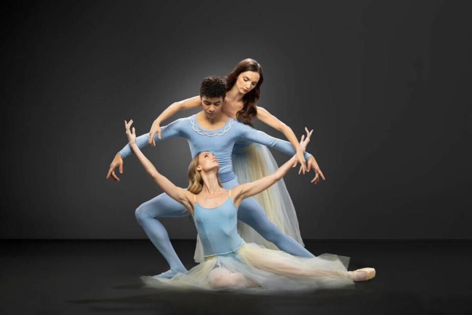 Jordan Elizabeth-Long, Luiz Silva, and Hannah Fischer in Miami City Ballet’s “Serenade,” choreography by George Balanchine.