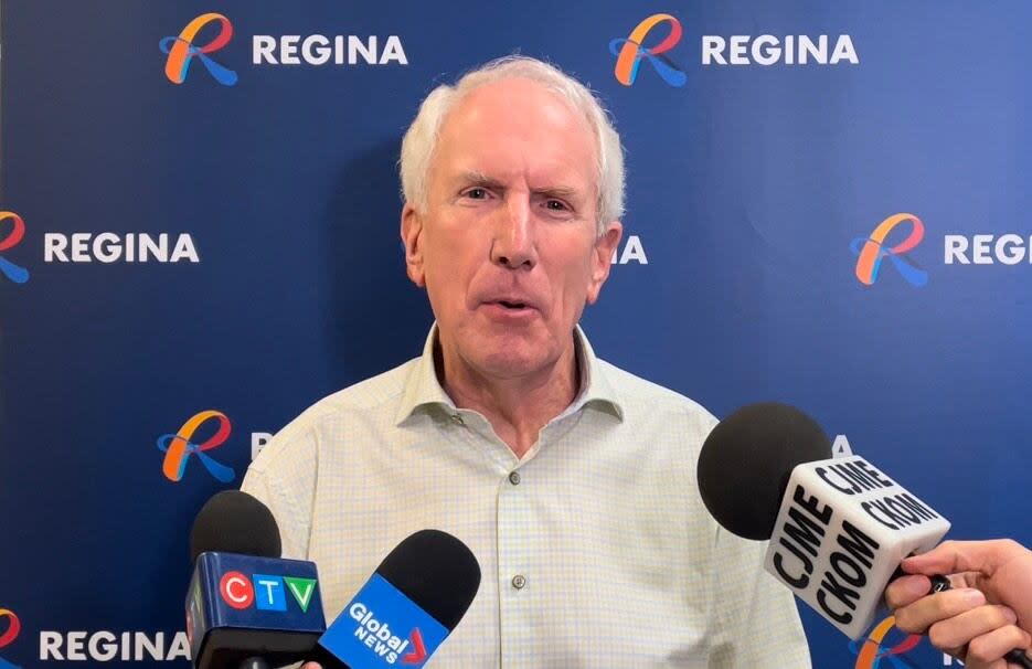 Regina city councillor Bob Hawkins speaks with media on July 6, 2022. 