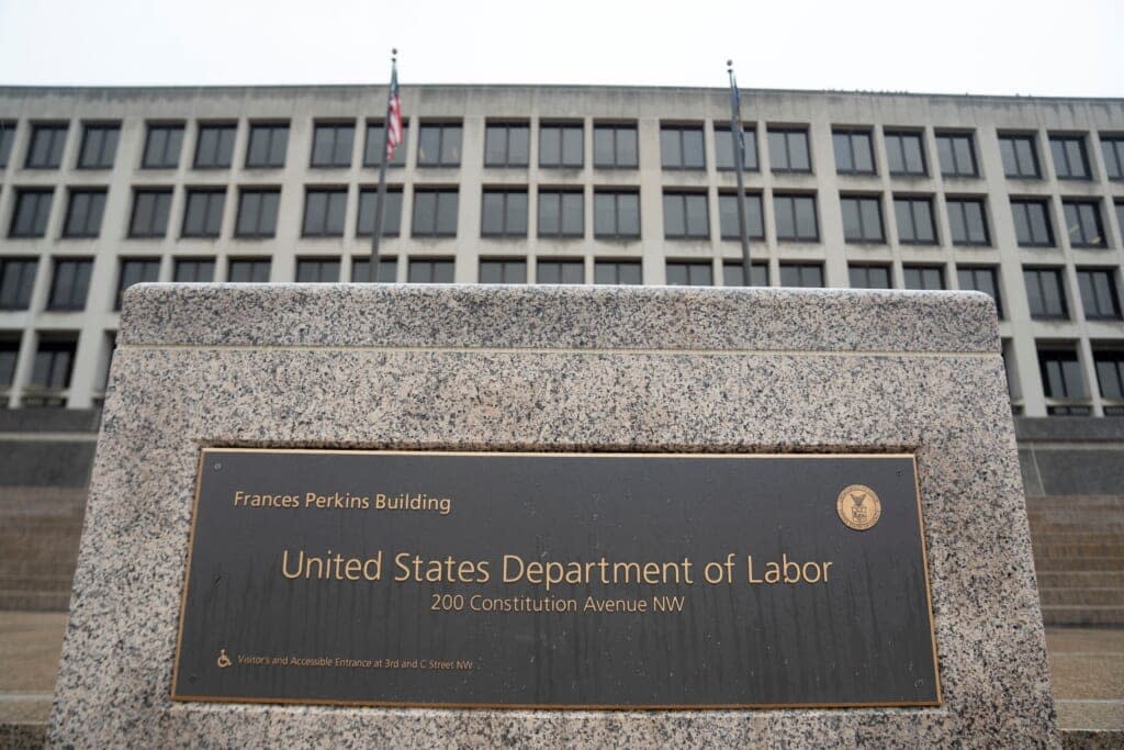 Photo taken on Feb. 4, 2022 shows the office building of the U.S. Department of Labor in Washington D.C., the United States. U.S. employers added 467,000 jobs in January amid the Omicron surge, with the unemployment rate slightly rising to 4.0 percent, the U.S. Labor Department reported on Friday. (Photo by Liu Jie/Xinhua via Getty Images)