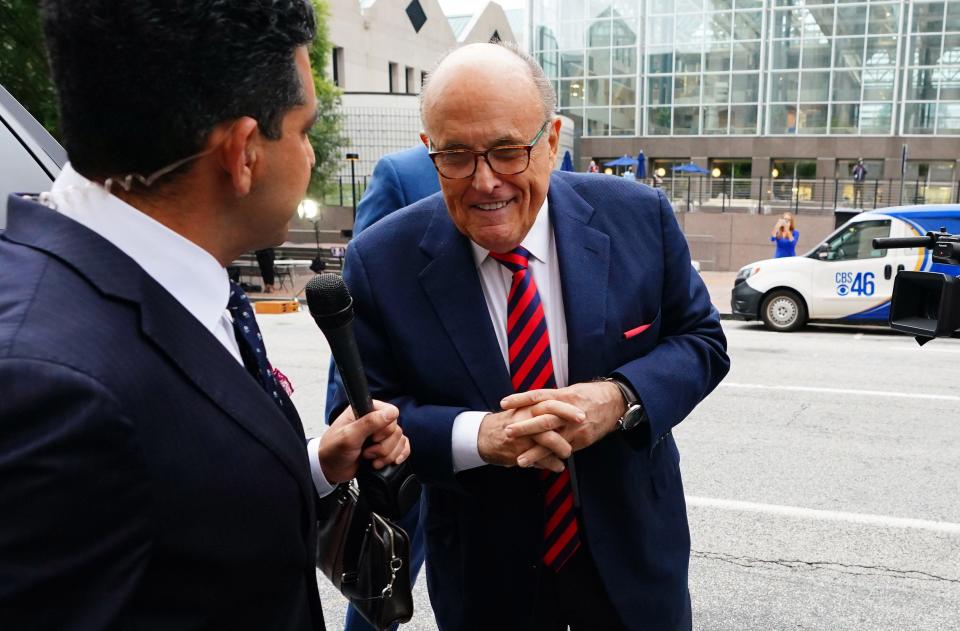 Rudy Giuliani enters the courthouse on Aug 17, 2022, in Atlanta. He departed declining to comment following a nearly six-hour session before a special grand jury investigating interference in the 2020 election.