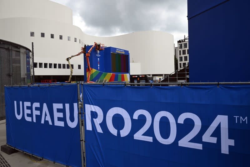 A general view of the Dusseldorf fan zone. The Euro 2024 fan zones in Dusseldorf and Dortmund will remain closed on Tuesday due to the forecast of heavy thunderstorms in the region, local authorities said. Federico Gambarini/dpa