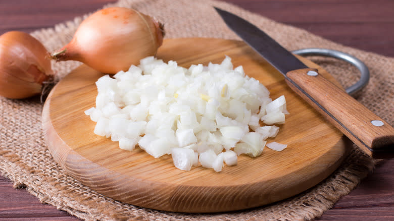 diced onion on chopping board