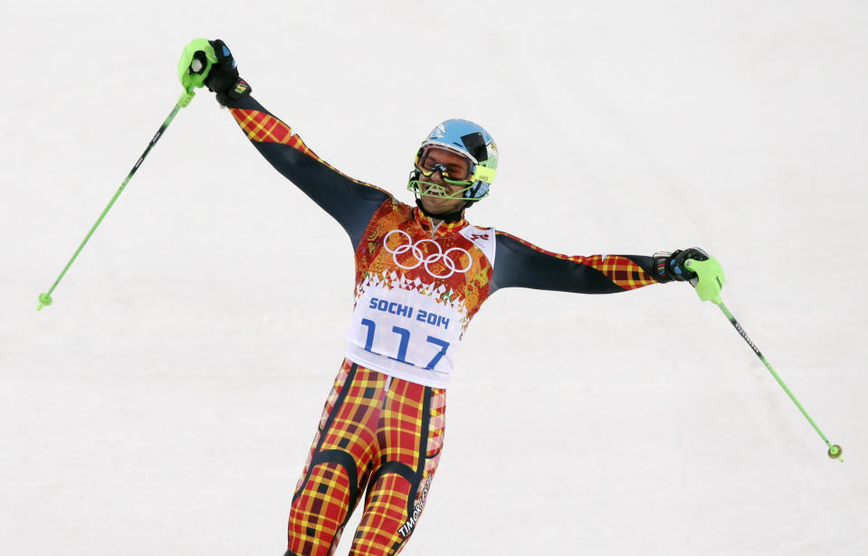 East Timor's Yohan Goncalves Goutt reacts after finishing the first run of the men's slalom at the Sochi 2014 Winter Olympics, Saturday, Feb. 22, 2014, in Krasnaya Polyana, Russia. (AP Photo/Gero Breloer)