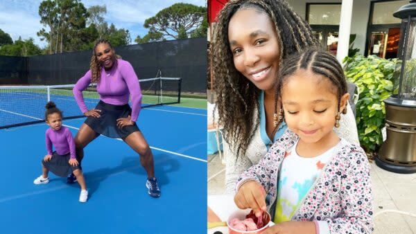 Venus Williams poses with her daughter, Alexis Olympia Ohanian Jr., on the tennis court, next to a photo of Olympia with her aunt Serena Williams. (Photo credit: @olympiaohanian/Instagram; @venuswilliams/Instagram)