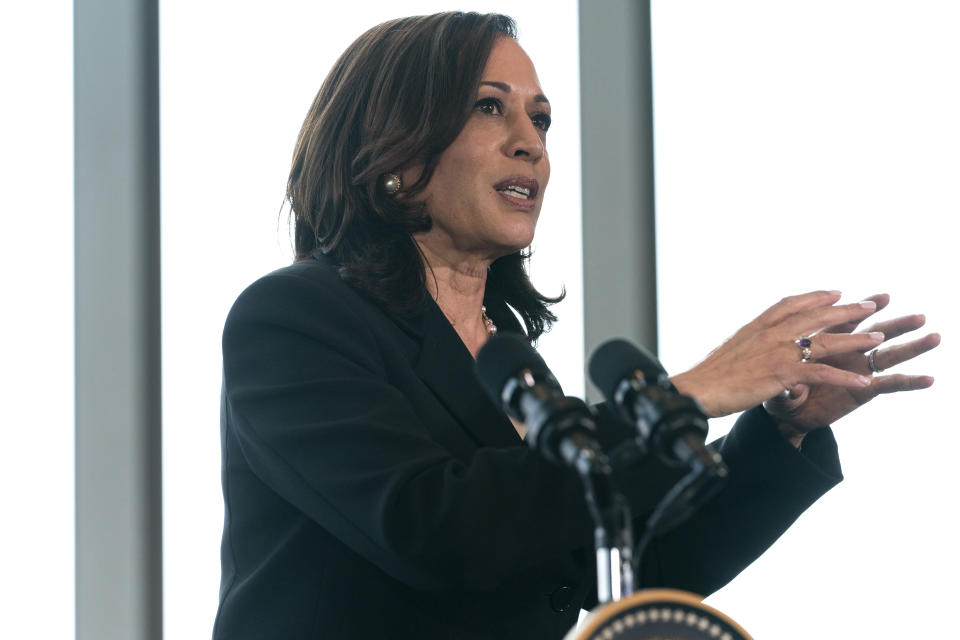 Vice President Kamala Harris speaks to the media, Tuesday, June 8, 2021, at the Sofitel Mexico City Reforma in Mexico City. (AP Photo/Jacquelyn Martin)