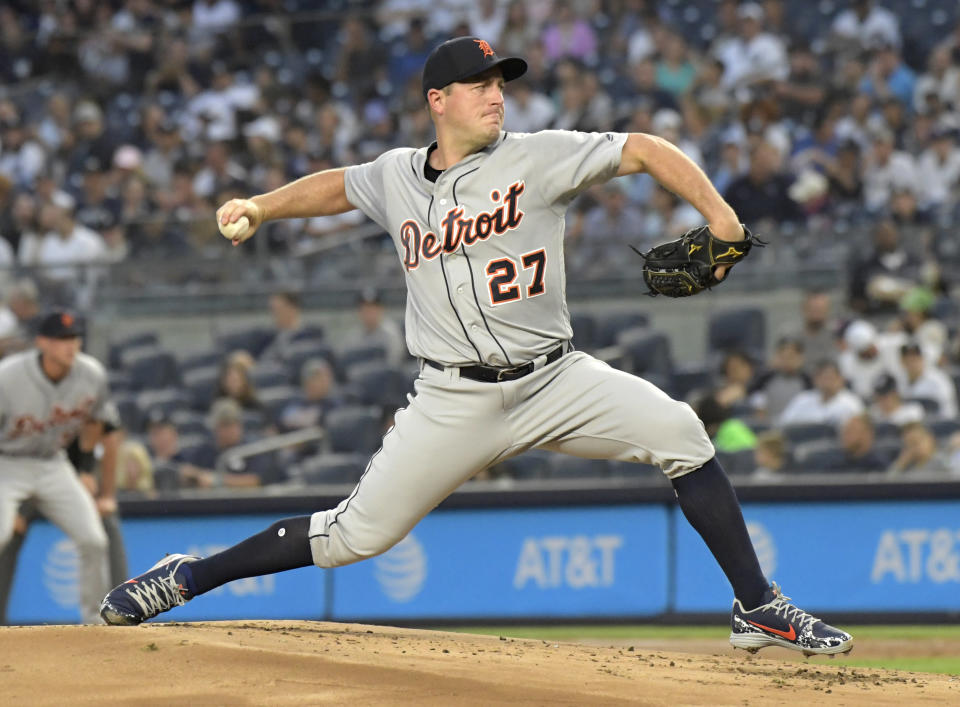 Detroit Tigers starting pitcher Jordan Zimmermann delivers the ball to the New York Yankees during the first inning of a baseball game Friday, Aug. 31, 2018, at Yankee Stadium in New York. (AP Photo/Bill Kostroun)