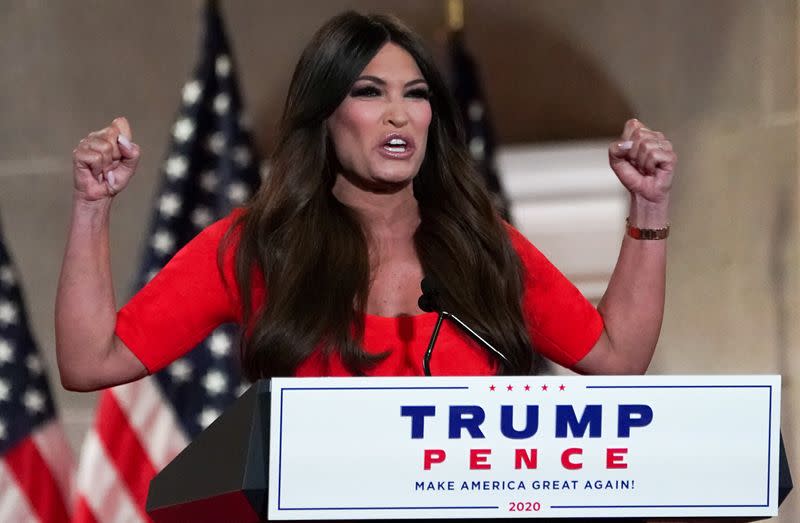 Kimberly Guilfoyle gives a pre-recorded speech to the largely virtual Republican National Convention from Washington