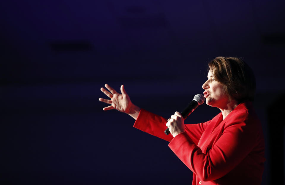 Democratic presidential candidate Sen. Amy Klobuchar, D-Minn., speaks at the Clark County Democratic Party "Kick-Off to Caucus 2020" event, Saturday, Feb. 15, 2020, in Las Vegas. (AP Photo/John Locher)