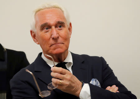 FILE PHOTO: Political operative Roger Stone waits for the testimony of Google CEO Sundar Pichai at a House Judiciary Committee hearing in Washington, U.S., December 11, 2018. REUTERS/Jim Young/File Photo