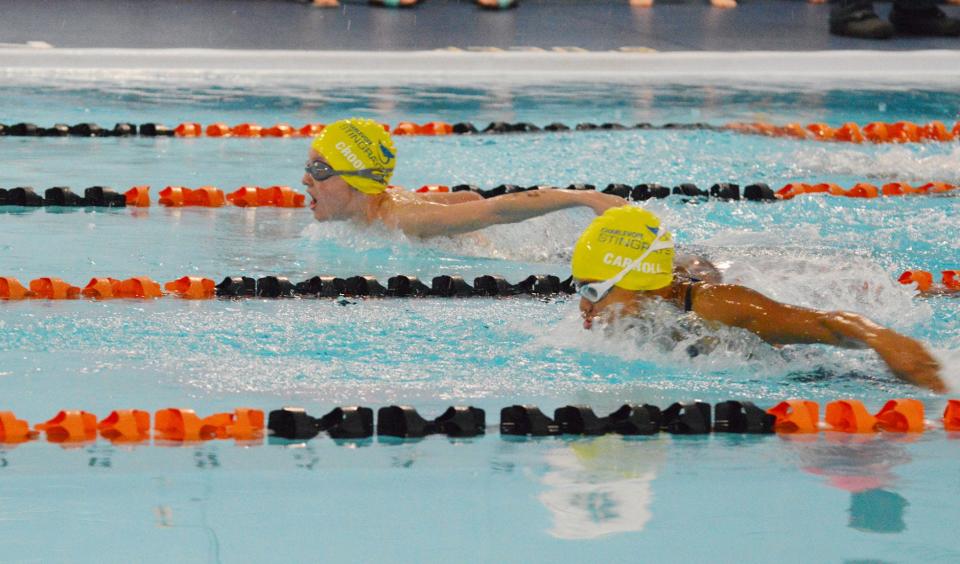 Competitive swimmers race in the Rudyard pool.