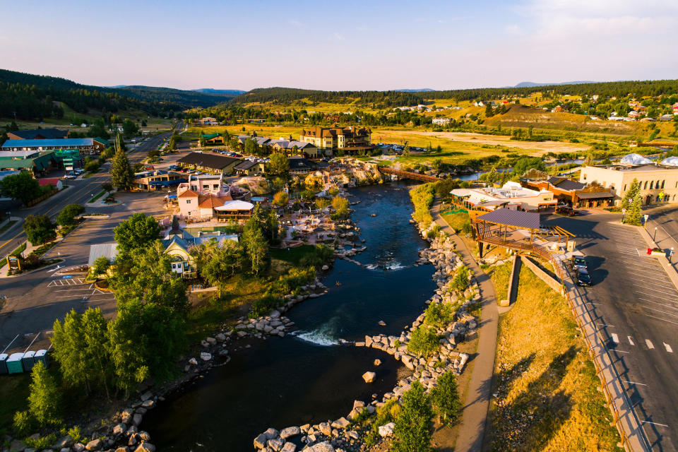 Aerial view of the river and city in Pagosa Springs, Colorado