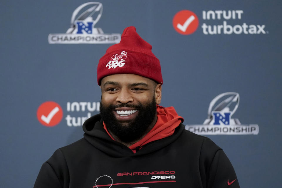 San Francisco 49ers offensive tackle Trent Williams speaks during a news conference after the NFL football team's practice in Santa Clara, Calif., Thursday, Jan. 25, 2024. The 49ers are scheduled to play the Detroit Lions on Sunday in the NFC championship game. (AP Photo/Jeff Chiu)