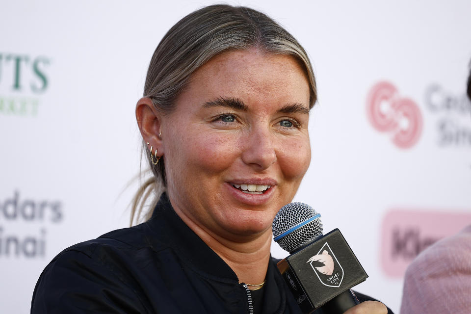 LOS ANGELES, CALIFORNIA - NOVEMBER 02:  Becki Tweed speaks with the media after being announced as the head coach of Angel City FC on November 02, 2023 in Los Angeles, California. (Photo by Ronald Martinez/Getty Images)