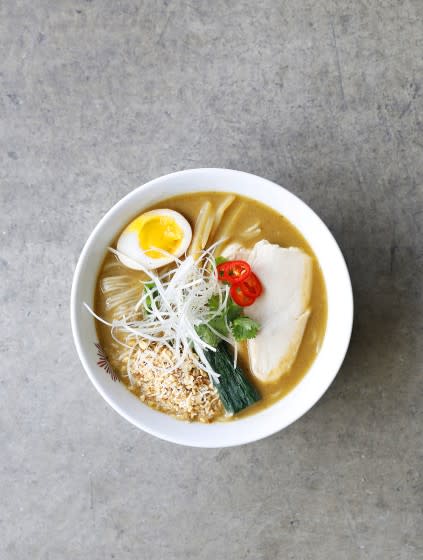 IRVINE-CA-MAY 18, 2021: Green Curry Ramen by Chef Keizo Shimamoto. (Christina House / Los Angeles Times)