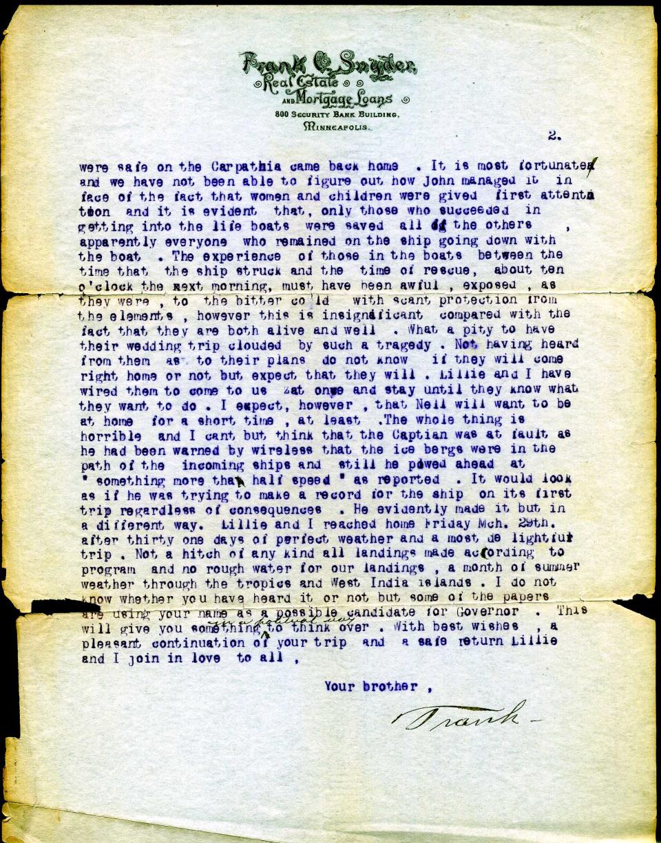 <span>Dated April 18, 1912,</span><span> a typed letter from John Snyder's father Frank to his brother Fred details the aftermath of the historic incident from his perspective. (Page 2 of 2)<br><br></span>(Photo courtesy of <a href="http://www.weissauctions.com/" rel="nofollow noopener" target="_blank" data-ylk="slk:Phillip Weiss Auctions;elm:context_link;itc:0;sec:content-canvas" class="link ">Phillip Weiss Auctions</a>)