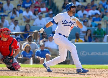 Aug 2, 2015; Los Angeles, CA, USA; Los Angeles Dodgers right fielder Andre Ethier (16) hits a walk off home run in the tenth inning of the game against the the Los Angeles Angels at Dodger Stadium. Dodgers won 5-3. Jayne Kamin-Oncea-USA TODAY Sports