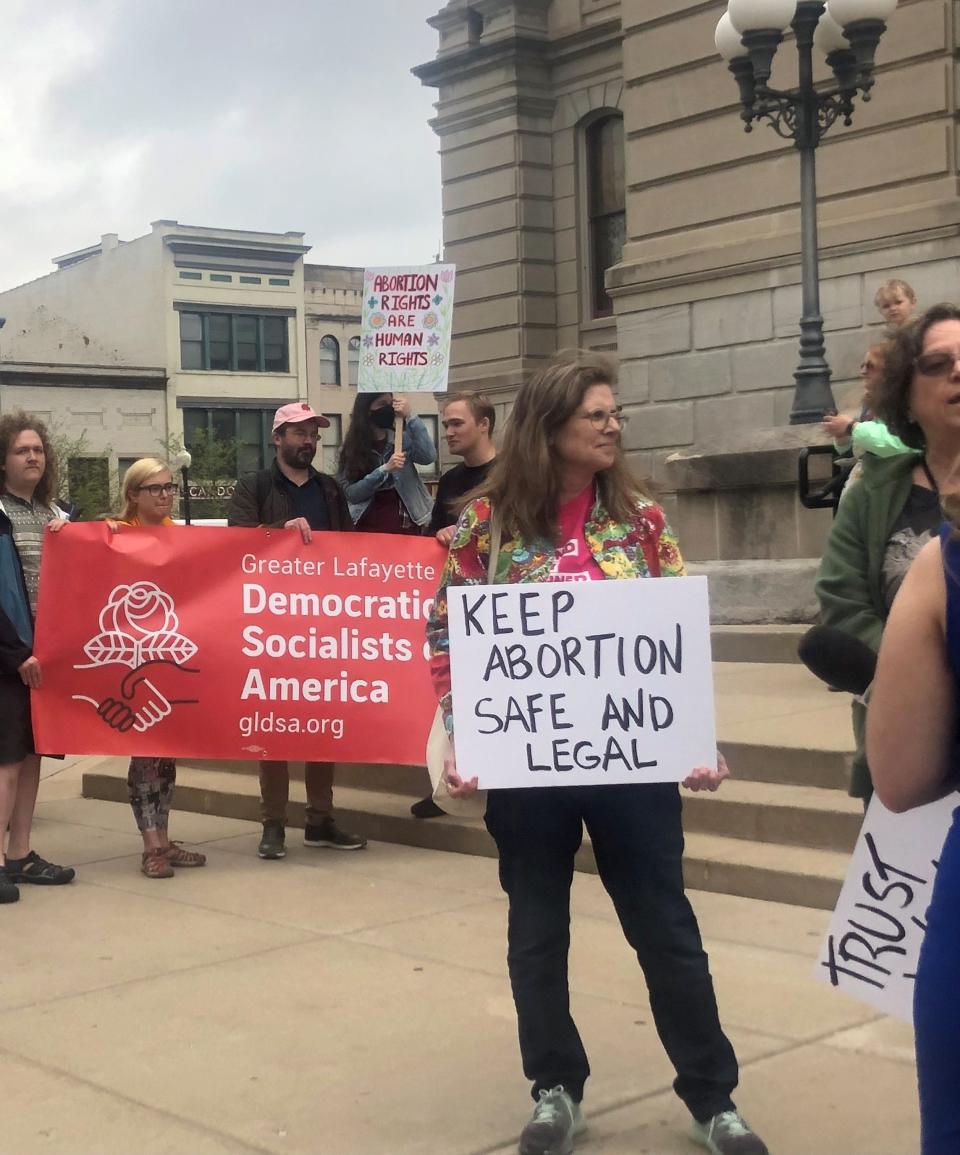 State Rep. Chris Campell, stands outside of the Tippecanoe County Courthouse in solidarity with protesters demonstrating against the leaked Supreme Court opinion regarding the overturning of Roe v. Wade, on May 3, 2022, in Lafayette.