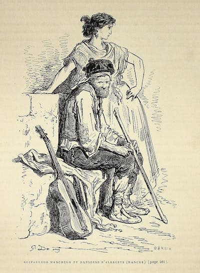 Guitarrista manchego y bailarina de Albacete. Ilustración de Gustave Doré para el libro <em>L'Espagne</em> del Baron CH. Davillier, 1874. <a href="https://commons.wikimedia.org/wiki/File:%22Guitarrero_manchego_et_danseuse_d%27Albacete_(manche)%22_(19316179793).jpg" rel="nofollow noopener" target="_blank" data-ylk="slk:Biblioteca General Antonio Machado / Wikimedia Commons;elm:context_link;itc:0;sec:content-canvas" class="link ">Biblioteca General Antonio Machado / Wikimedia Commons</a>, <a href="http://creativecommons.org/licenses/by/4.0/" rel="nofollow noopener" target="_blank" data-ylk="slk:CC BY;elm:context_link;itc:0;sec:content-canvas" class="link ">CC BY</a>