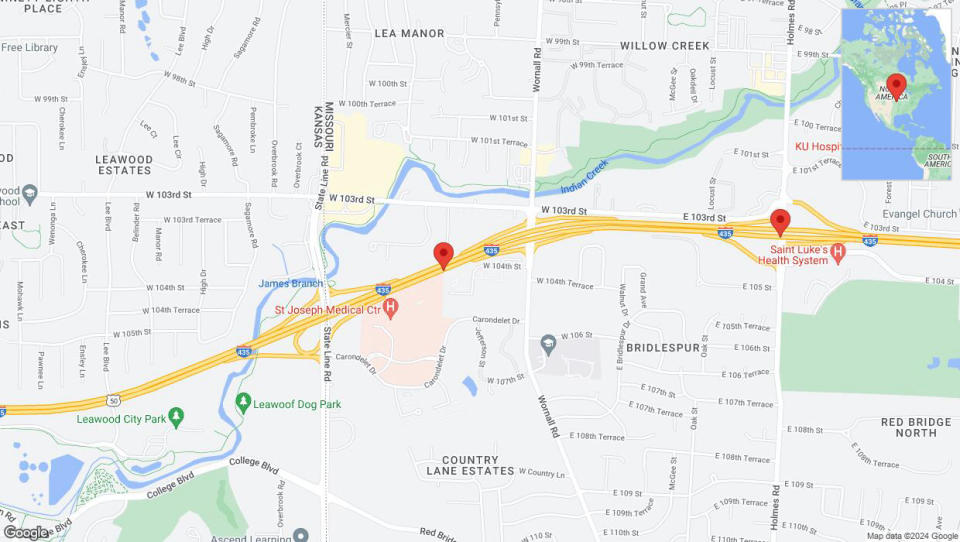 A detailed map that shows the affected road due to 'Heavy rain prompts traffic warning on eastbound I-435 in Kansas City' on May 31st at 4:28 p.m.