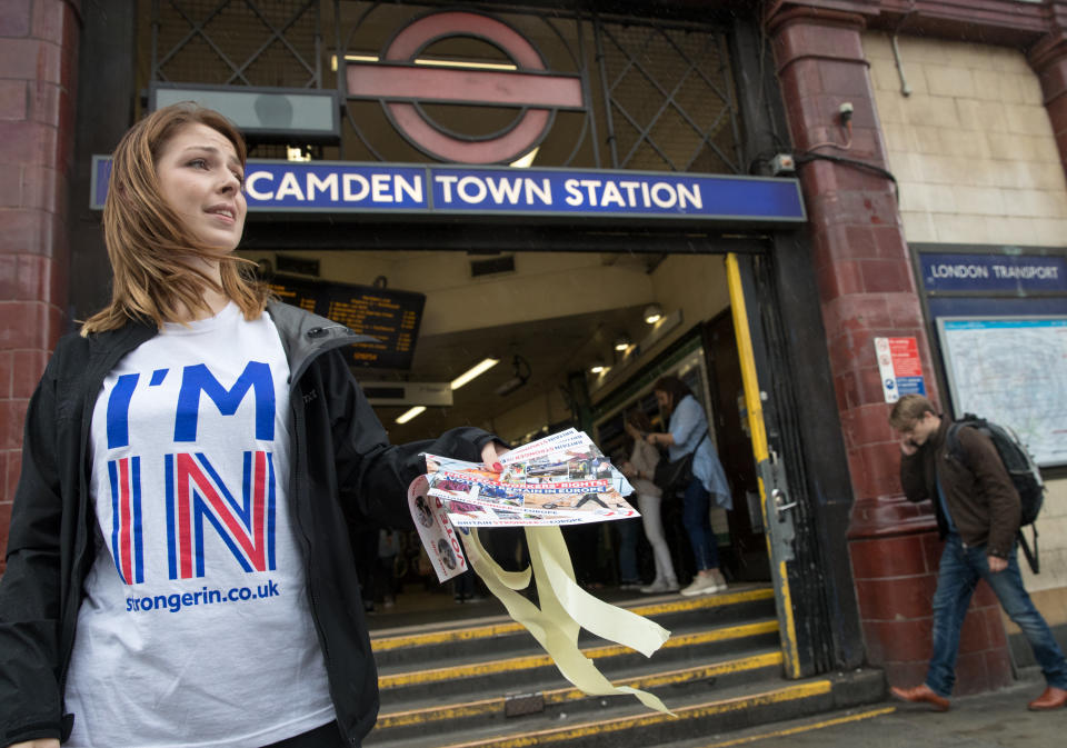 Vote remain supporters campaign for people to vote to remain in the EU, outside Camden Town underground station on June 23, 2016 in London, England.&nbsp;