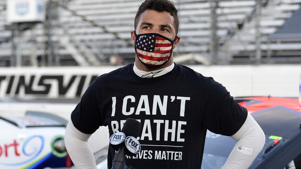 Bubba Wallace, picrtured here wearing an 'I Can't Breathe - Black Lives Matter' t-shirt.