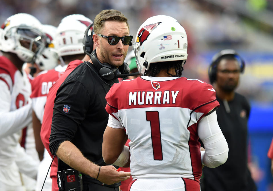 INGLEWOOD, CA - OCTOBER 03: Cardinals head coach Kliff Kingsbury talks with Arizona Cardinals Quarterback Kyler Murray (1) during an NFL game between the Arizona Cardinals and the Los Angeles Rams on October 03, 2021, at SoFi Stadium in Inglewood, CA. (Photo by Chris Williams/Icon Sportswire via Getty Images)