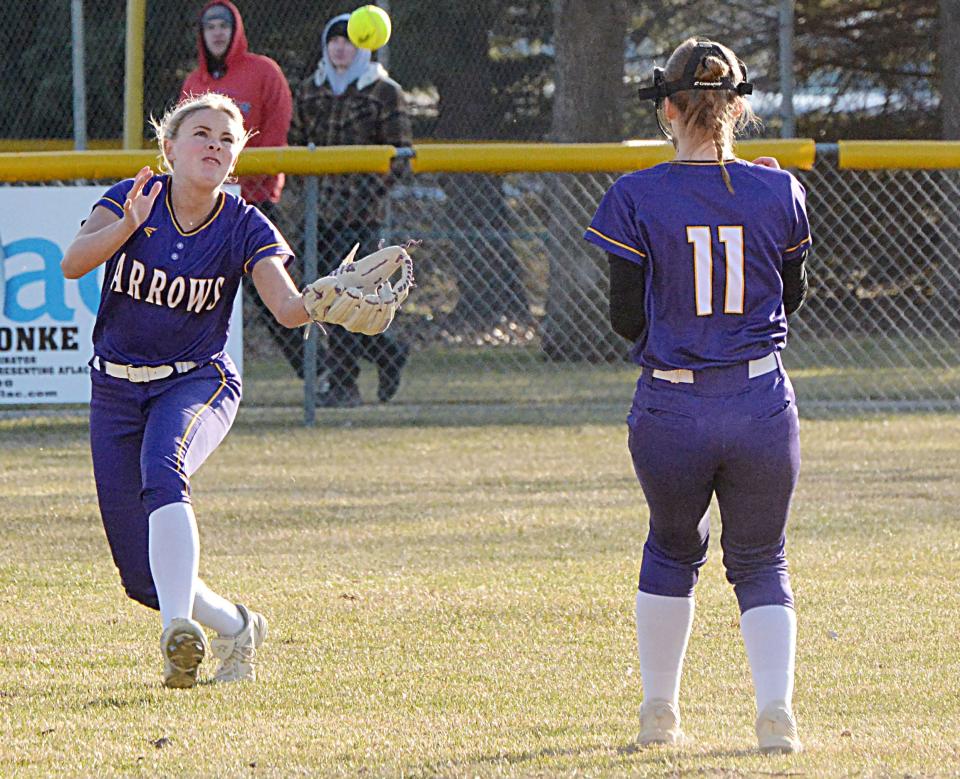 Watertown center fielder Kinsley Van Gilder races in to try to make a catch as shortstop Lily Pressler looks on during a high school softball game against Sioux Falls Jefferson on Monday, April 24, 2023 at Koch Complex in Watertown.