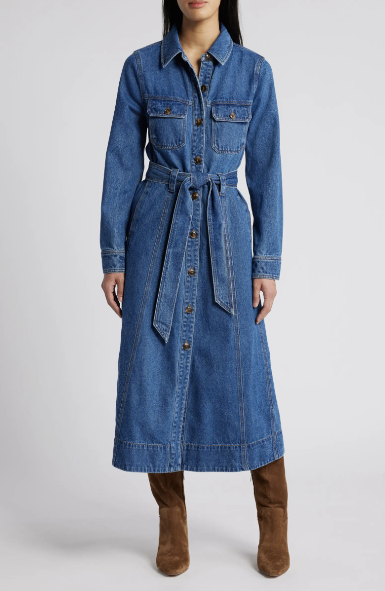 Wit & Wisdom Tie Waist Long Sleeve Denim Maxi Dress