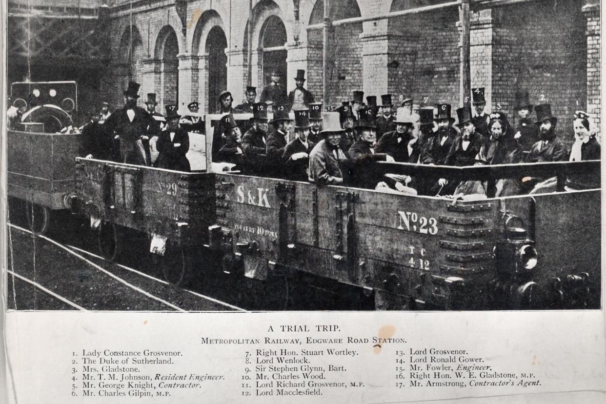 Men in top hats ride the Tube for the first time for an early trial trip on the new Metropolitan line at Edgware Road: London Transport Museum