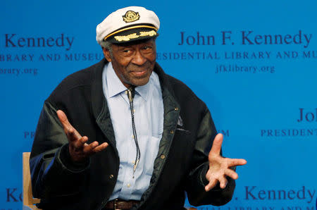 FILE PHOTO - Chuck Berry gestures to the audience at the 2012 Awards for Song Lyrics of Literary Excellence awarded to both he and Leonard Cohen at the John F. Kennedy Presidential Library and Museum in Boston, Massachusetts February 26, 2012. REUTERS/Jessica Rinaldi/File Photo