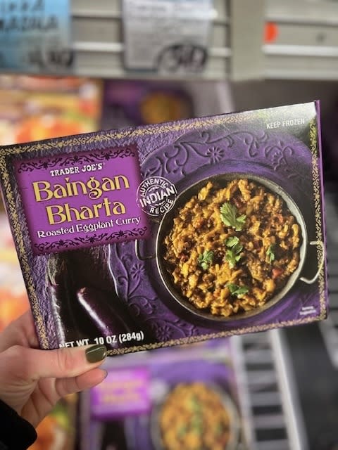 A box of Trader Joe's Baingan Bharta Roasted Eggplant Curry