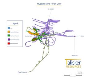 Plan view section of holes SB-2023-012 and 2023-023 drilling within the proposed Mustang Mine footprint.