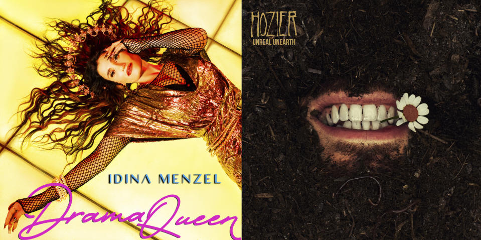 This combination of album covers shows "Drama Queen" by Indina Menzel, left, and "Unreal Unearth" by Hozier. (BMG/Columbia Records via AP)