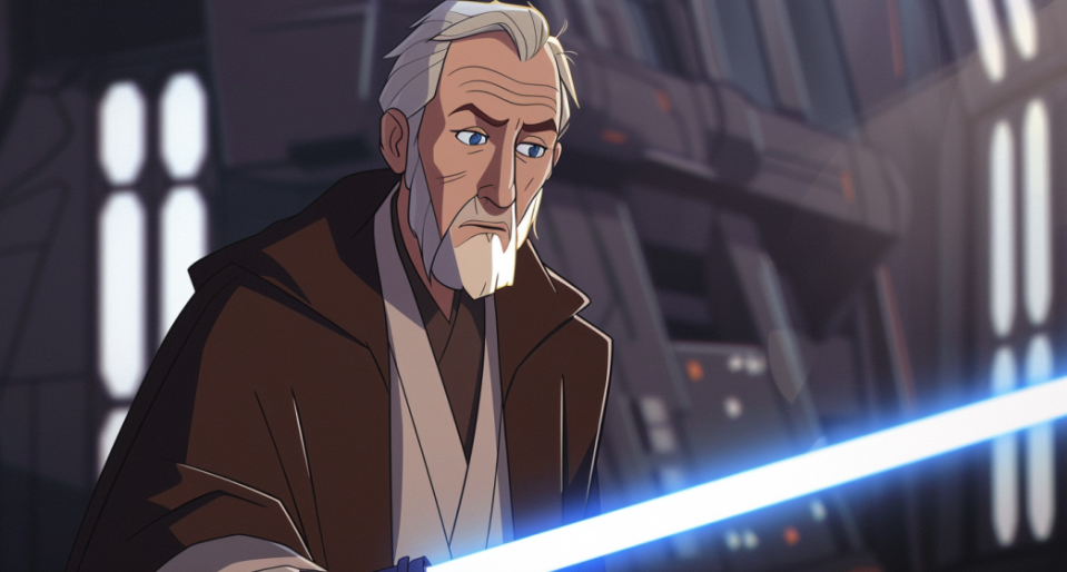 Illustration of Obi-Wan Kenobi, animated character, wielding a lightsaber