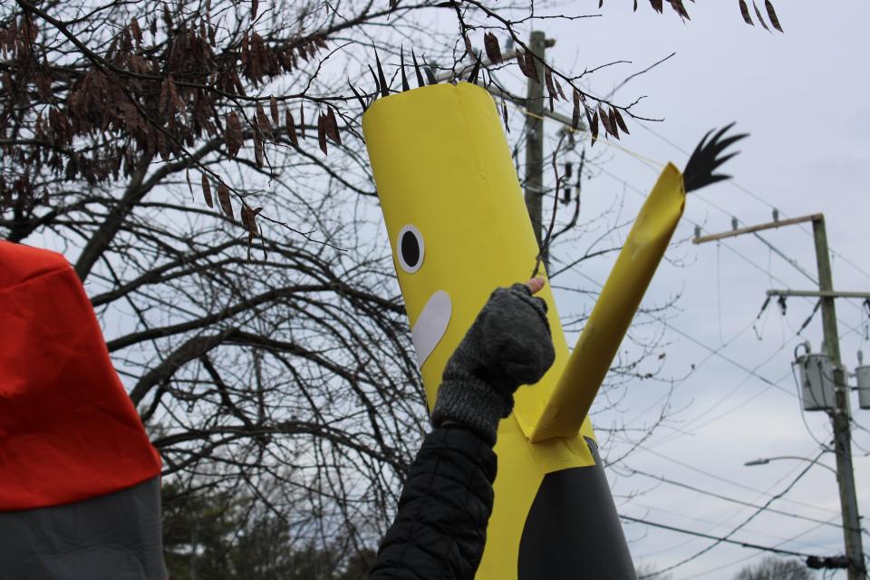A tube man costume gets stuck in a tree during the 16th Annual Carytown Cone Parade in Richmond.