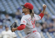 Cincinnati Reds starting pitcher Luis Castillo throws to the Milwaukee Brewers during the first inning of a baseball game Tuesday, June 15, 2021, in Milwaukee. (AP Photo/Jeffrey Phelps)