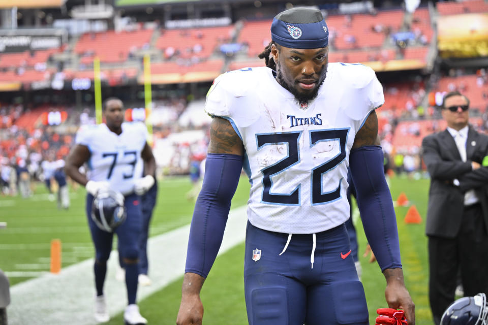 Tennessee Titans running back Derrick Henry (22) walks off the field after the team's loss against the Cleveland Browns following an NFL football game, Sunday, Sept. 24, 2023, in Cleveland. (AP Photo/David Richard)
