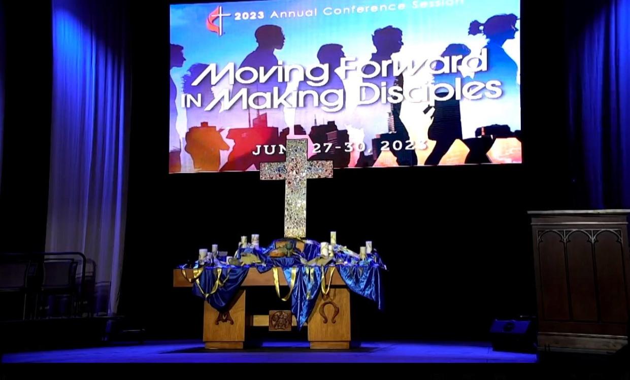 The stage at the 2023 Mississippi United Methodist Conference at the Cadence Bank Arena in Tupelo.