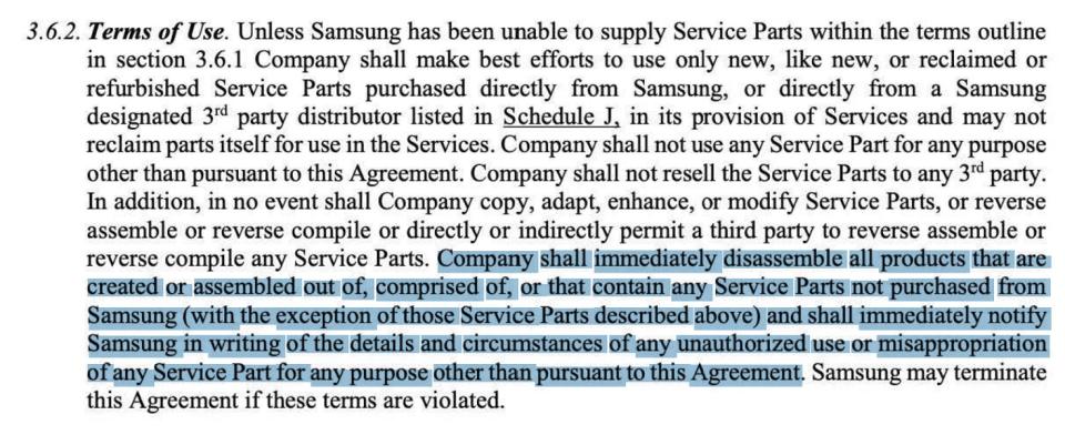 A portion of a contract repair must adhere to for Samsung as they are required to 